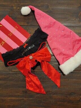 Victoria's Secret Holiday Bundle Black Lace Thong with Red Velvet Bow